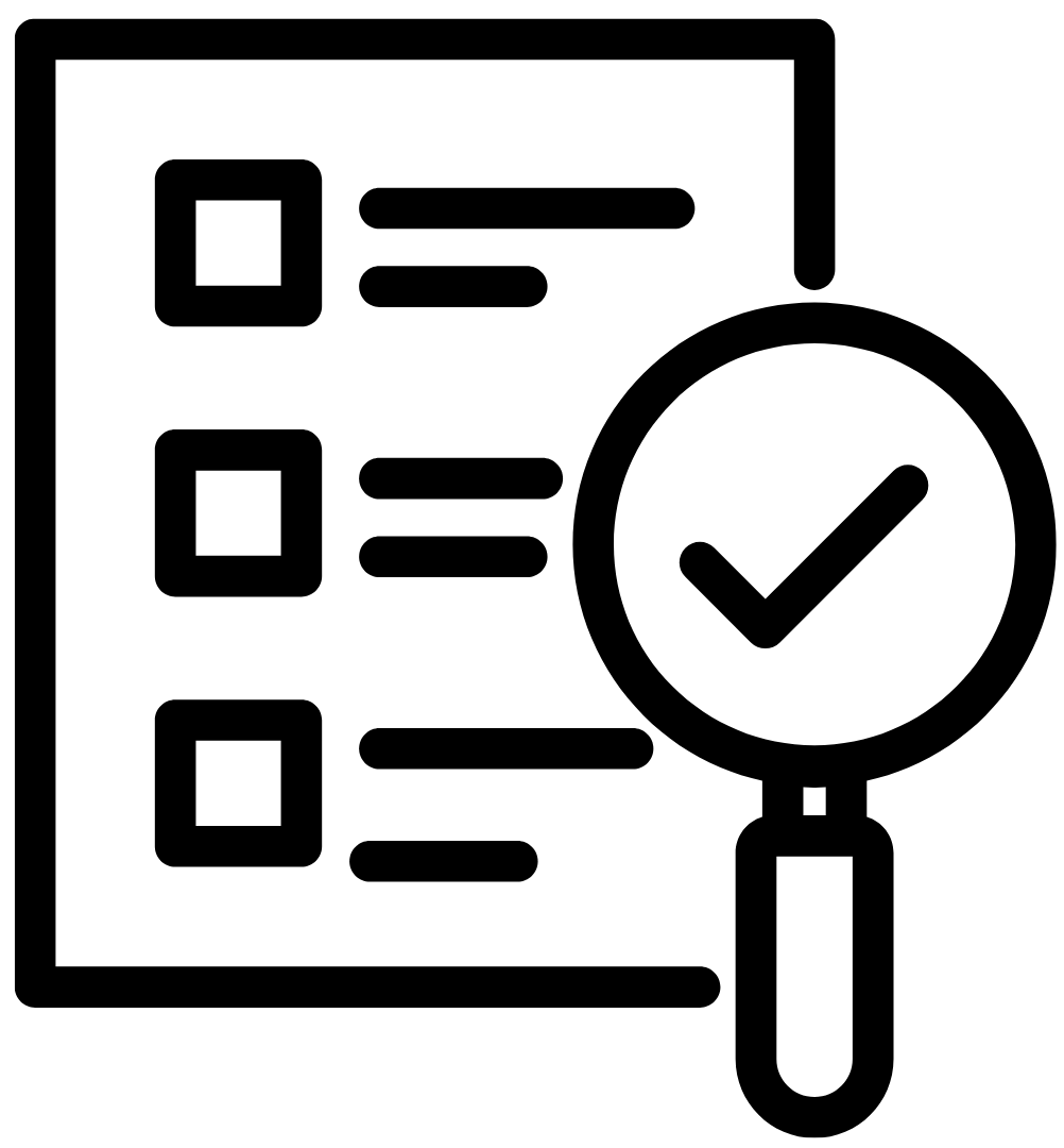 A black and white graphic showing what looks like a report page with a magnifying glass.