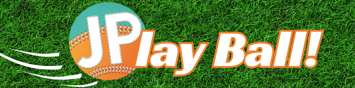 The JP logo, which looks like a baseball combines with words to read "Play Ball!" on a grassy background. 
