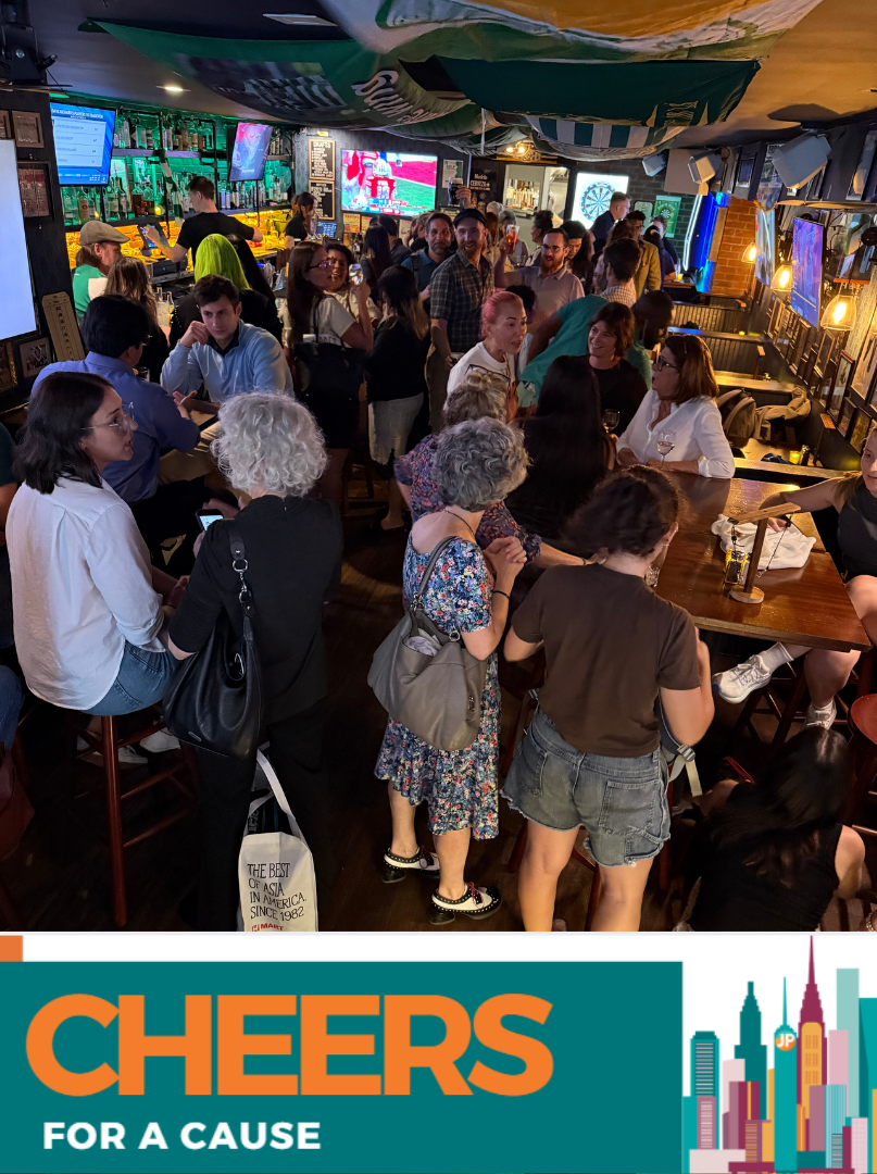 The words Cheers for a Cause are on the bottom and the top is an overview shot of a crowded bar.