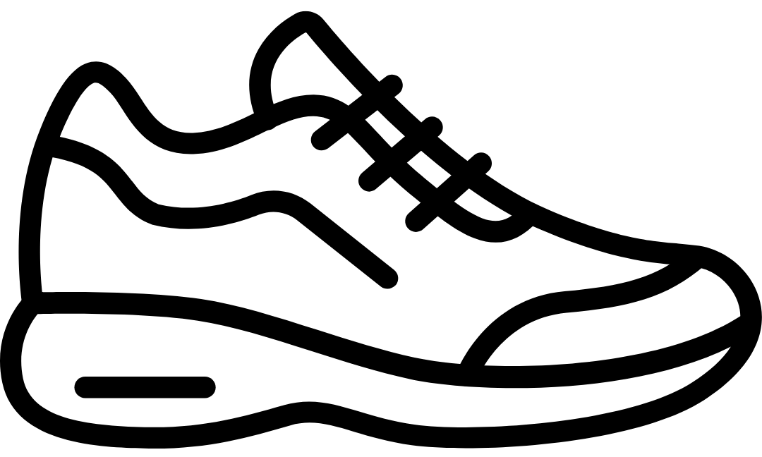A black and white simple graphic image of a running shoe. 