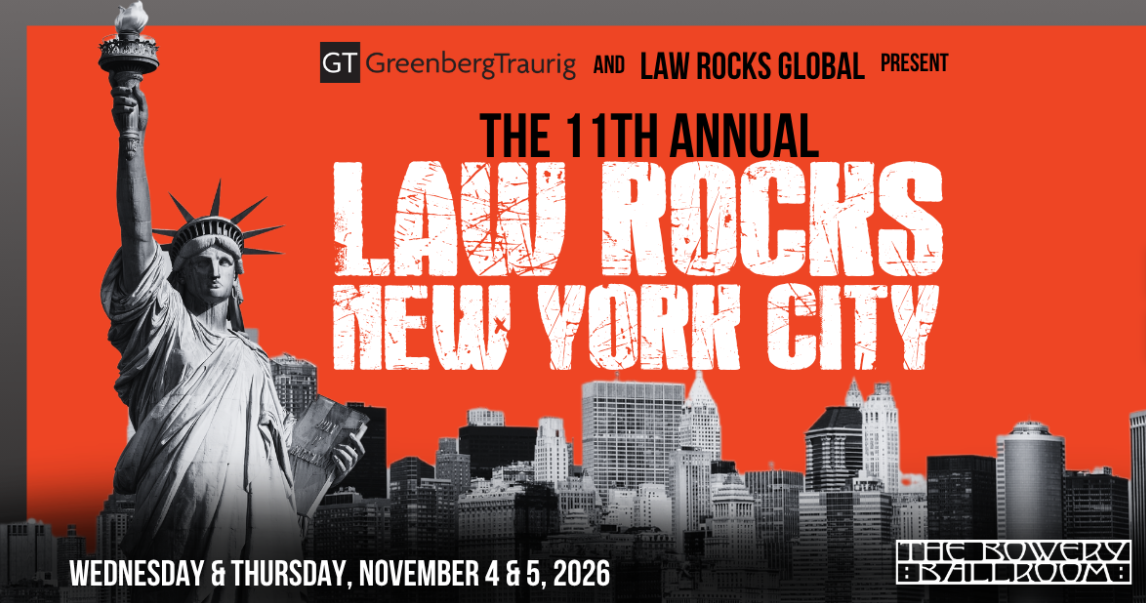 The Law Rocks NYC logo has the skyline and statue of liberty with a bright red background. 