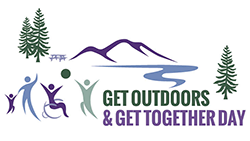 The get out doors and play logo in purple and green shows the outline of mountains and trees  with stick figures, including one in a wheelchair, playing with a ball. 