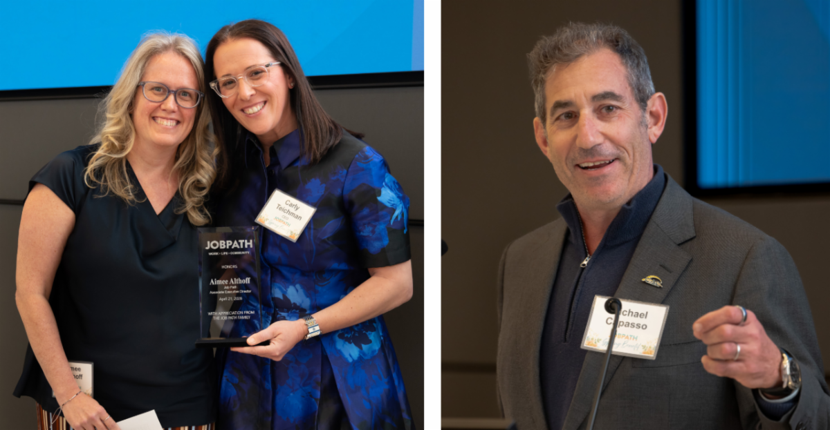 Honoree Aimee Althoff, Job Path's Associate Executive Director (left) with CEO Carly Teichman and Michael Capasso, CEO of C.A.C. Industries, our Employer of the Year.