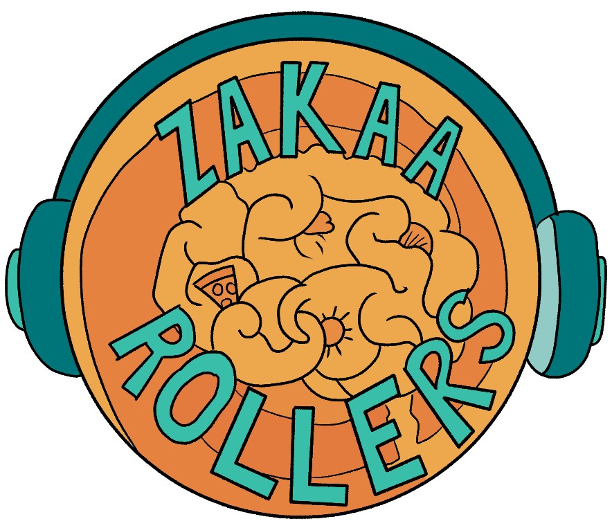 The Zakaa rollers logo is orange and green and appears to show a brain wearing a set of oversized headphones. 
