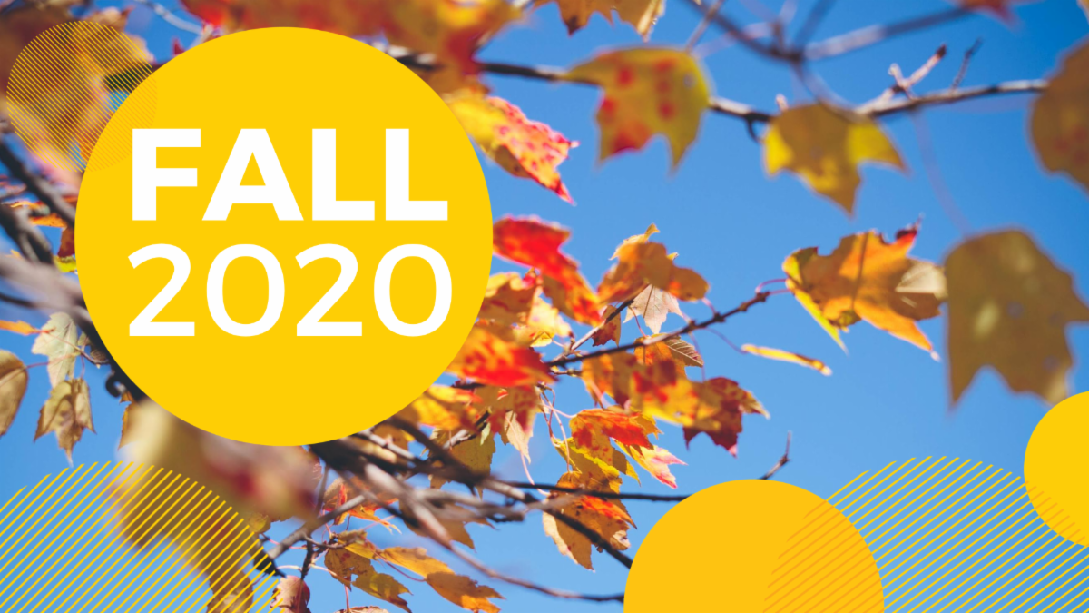 Words: Fall 2020 with a blue sky and fall leaves as the background. Different sized yellow circles frame the image on the bottom and in the upper right hand corner. 