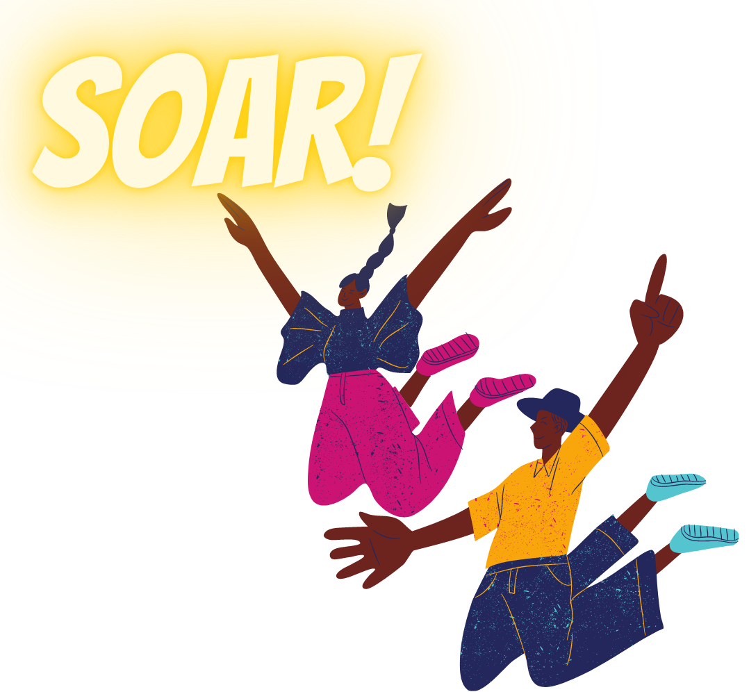 The words: Soar with two people jumping up with their hands in the air (graphic design). 