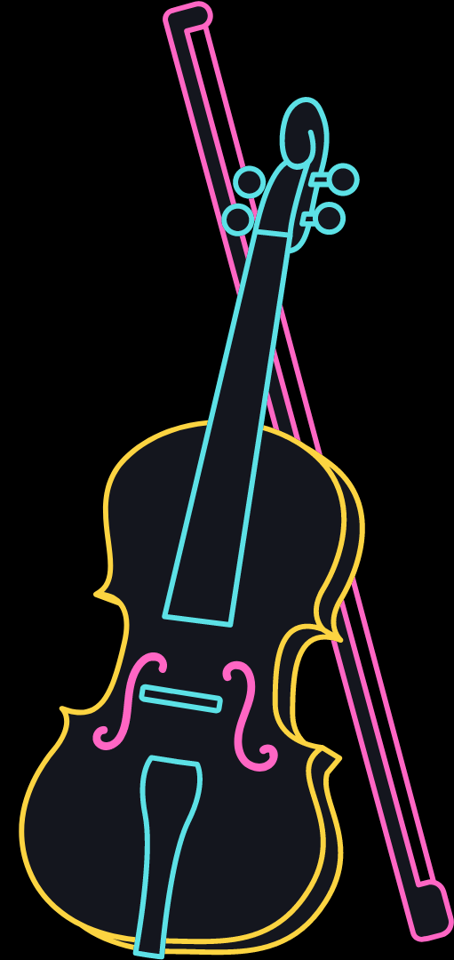 A neon graphic image of a violin in yellow, blue, and pink on a black background. 
