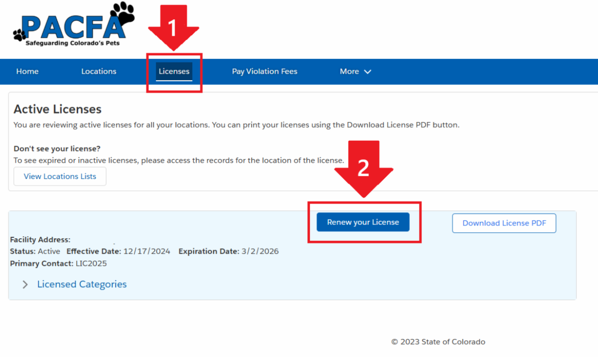 Screenshot of licensing portal highlighting step one, the licnesing tab, and step two, the renew your licnese button