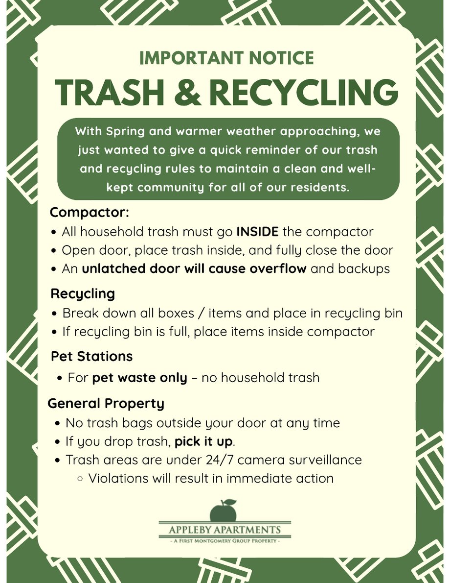 Appleby Apartments Trash and Recycling Reminders — full rule reference