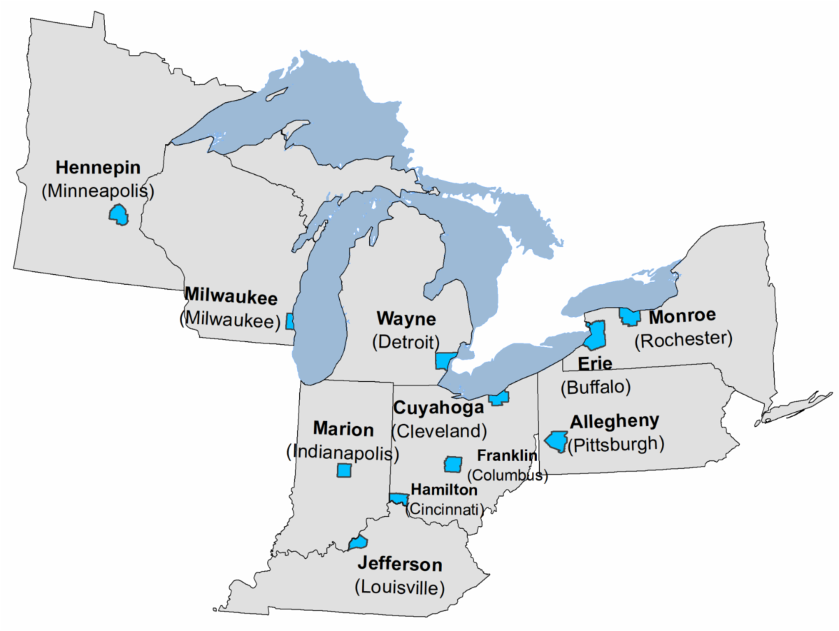 map showing the locations of the peer counties in the data book