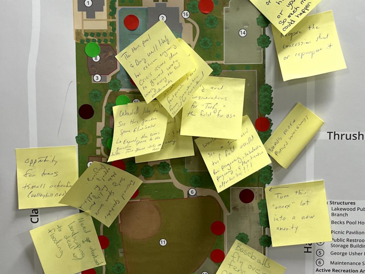 Post it notes on a map with feedback from community stakeholders