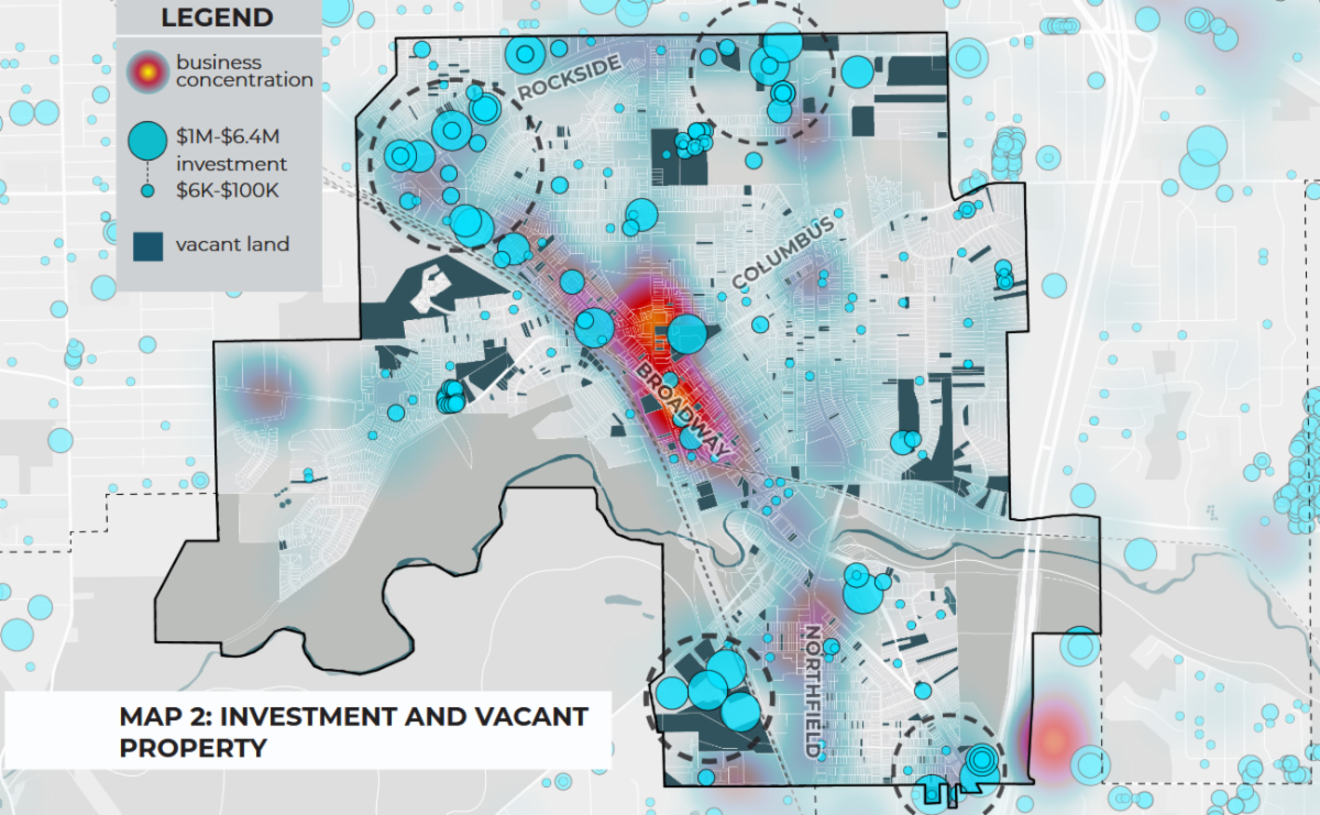 map of investments and vacant properties in Bedford