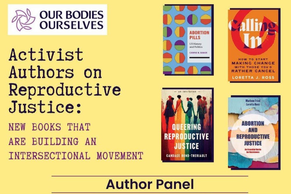 Event title on yellow background next to book covers