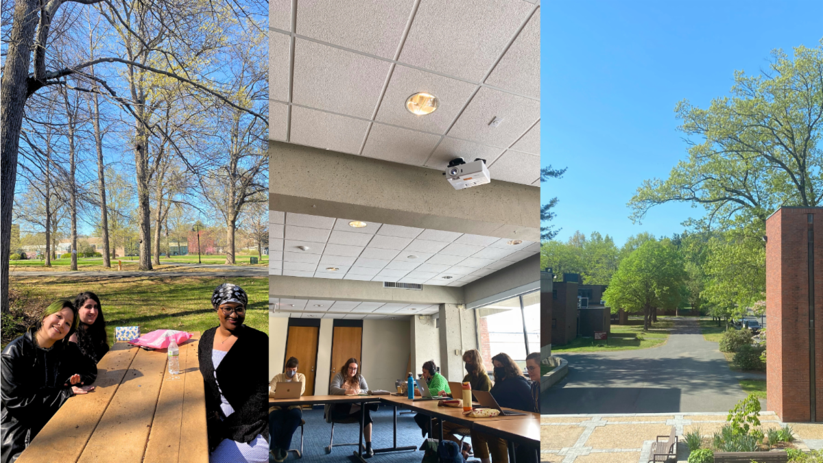 Three panel spliced image with interns at picnic table on left a Monday morning write together in the middle and the scene outside our write together space on the right