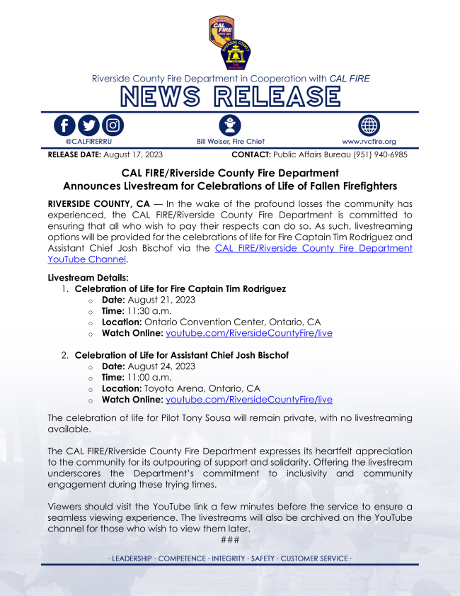 CAL FIRE/Riverside County Fire Department Announces Livestream for
