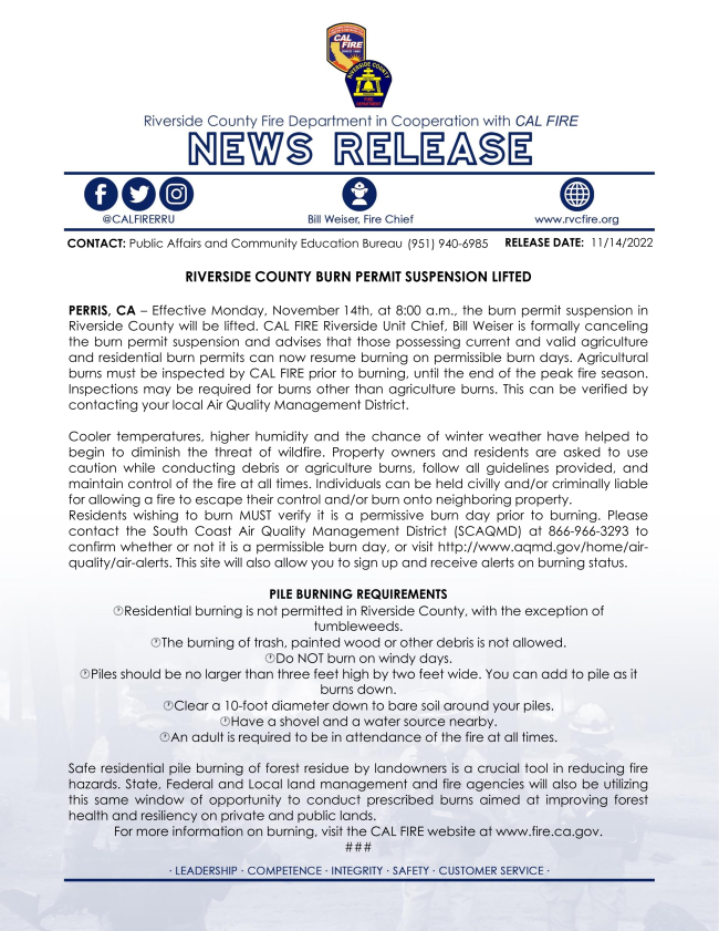 RIVERSIDE COUNTY BURN PERMIT SUSPENSION LIFTED
