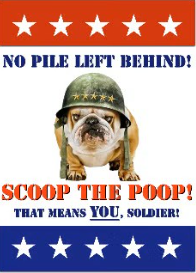 Red, white, and blue image of a bulldog wearing an Army helmet with the words scoop the poop 