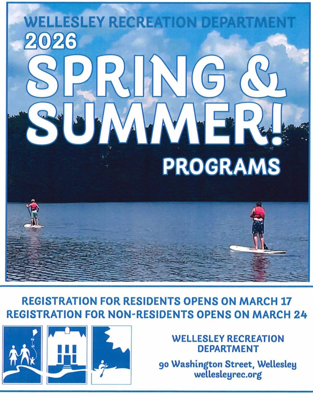 Image of Wellesley Recreation spring program brochure cover showing two paddleboarders on Morses Pond