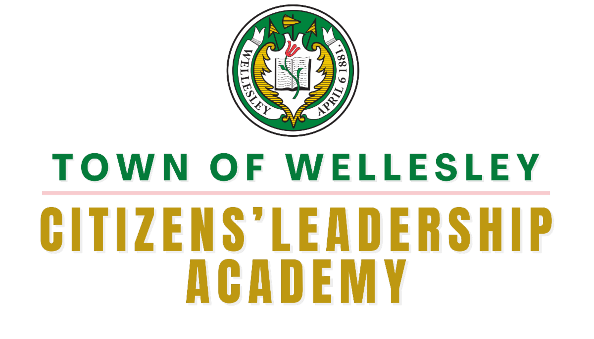 Green Wellesley Town seal with Citizens' Leadership Academy in yellow writing