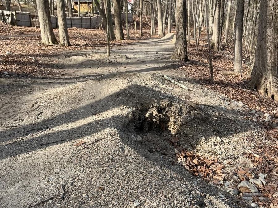 Picture of gray rock pathway with mounded ramps and holes, used as terrain for bikes