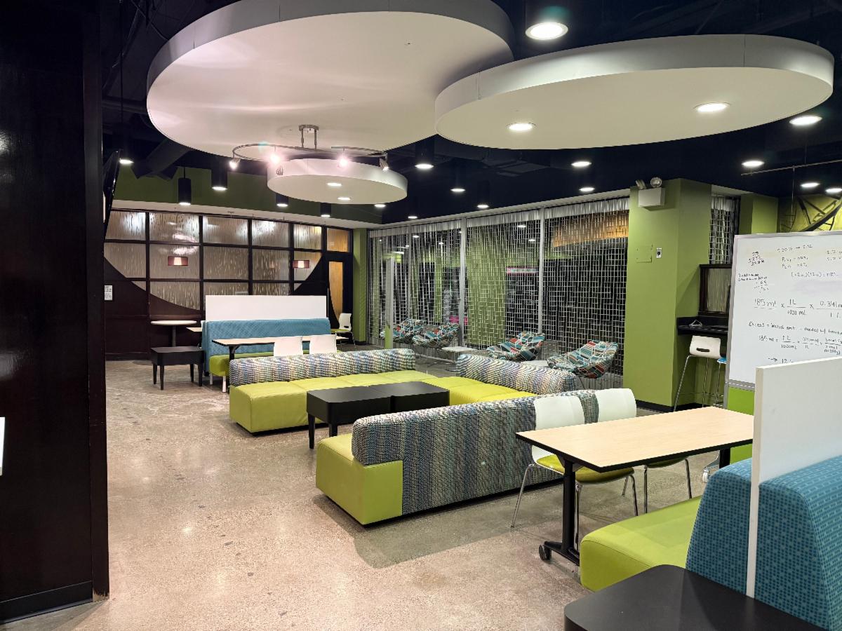 Holmes C113. Refreshed lighting and seating in a space that was once Sparty's and the Grille.