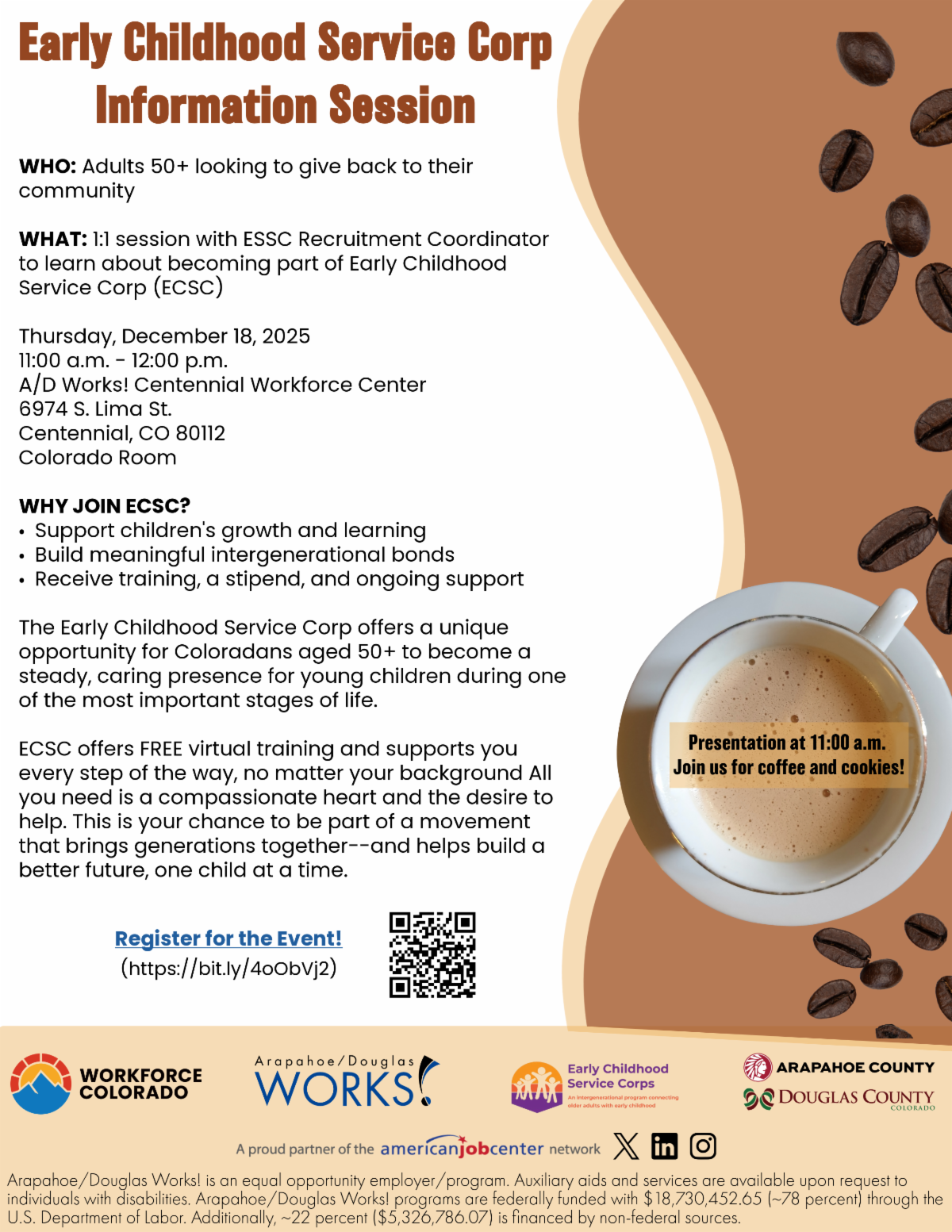 Flyer for "Early Childhood Service Corp Information Session" targeting adults 50+. Event on Dec 18, 2025, 11 a.m.â12 p.m. at Centennial Workforce Center, Colorado. Features coffee cup, coffee bean graphics, and registration link.