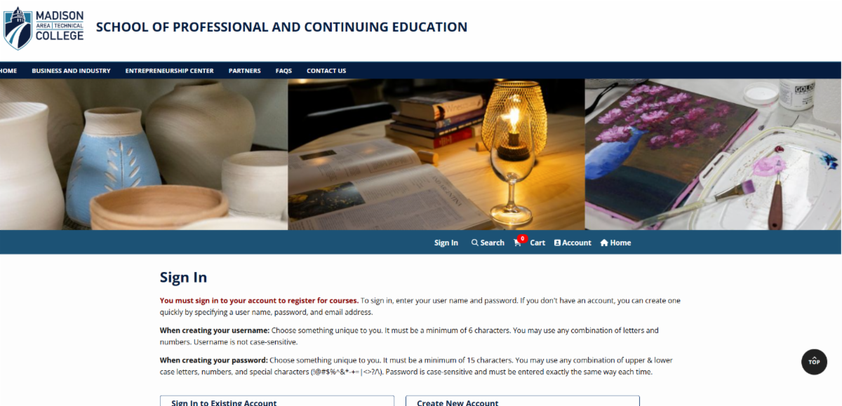 Screenshot of the homepage for continuing education classes