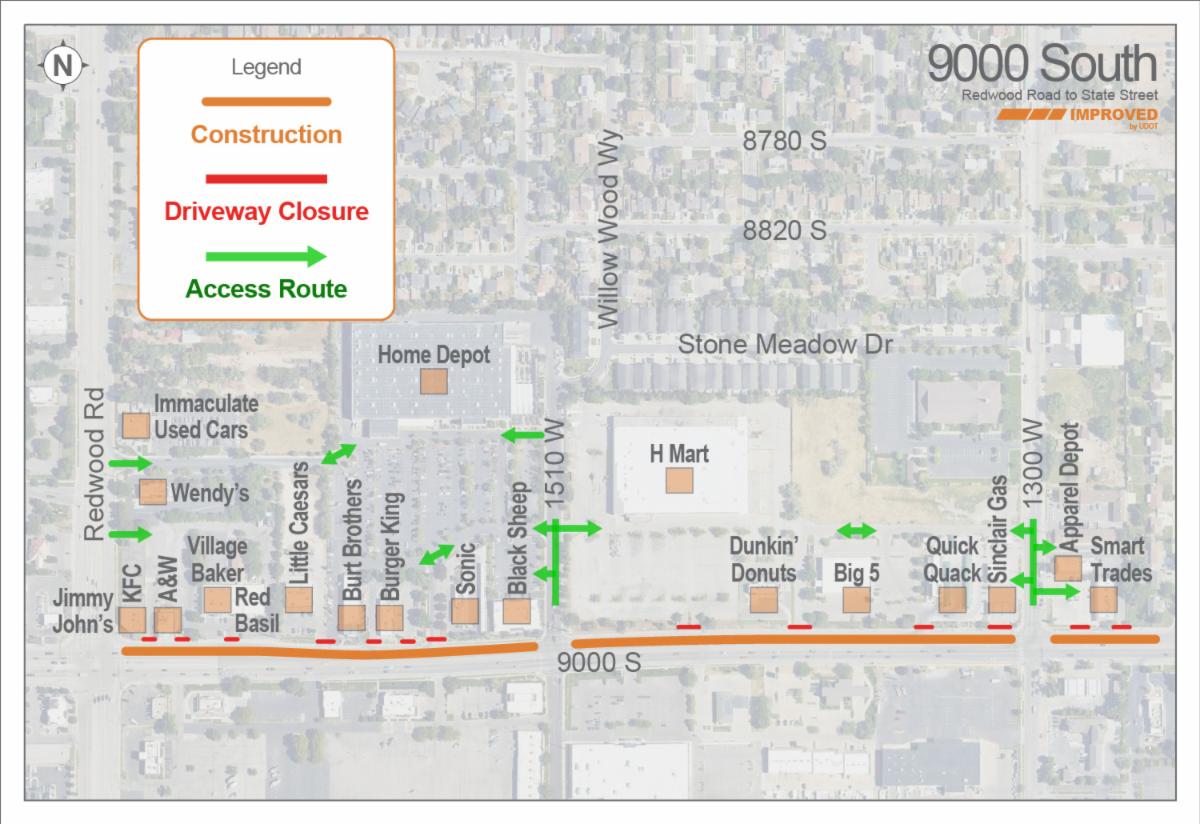 Business Center access map for businesses on the north side of 9000 South between 1280 West and Redwood Road. All driveways will be closed and patrons will need to use 1300 West or 1510 West or Redwood Road to access the shopping centers. 