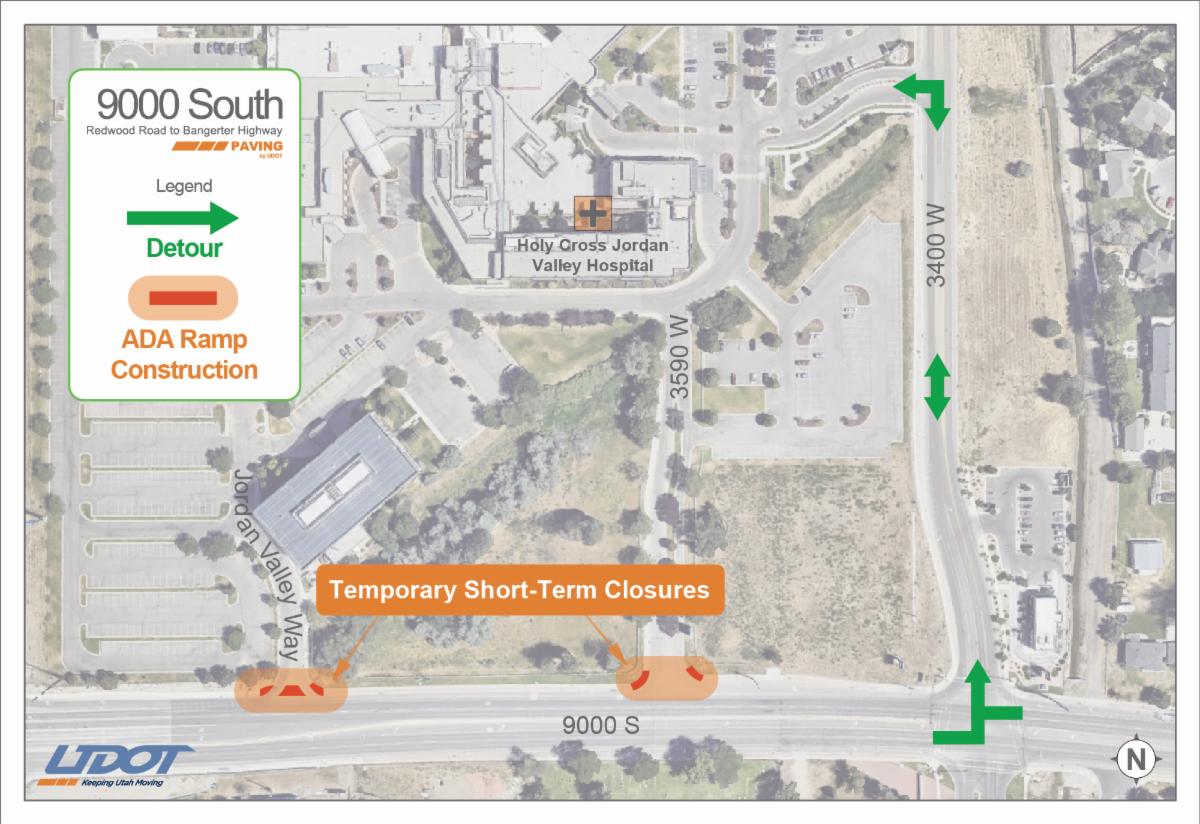 Crews will be rebuilding the ADA pedestrian ramps on 9000 South in front of Holy Cross Jordan Valley Hospital requiring short-term driveway closures. This is the detour map showing traffic using 3400 West to avoid delays. 