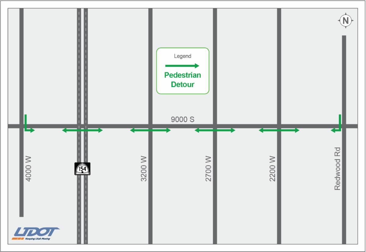 Pedestrian access may be restricted on the north side of 9000 South. This is a detour map showing pedestrian access on the south side of 9000 South. 