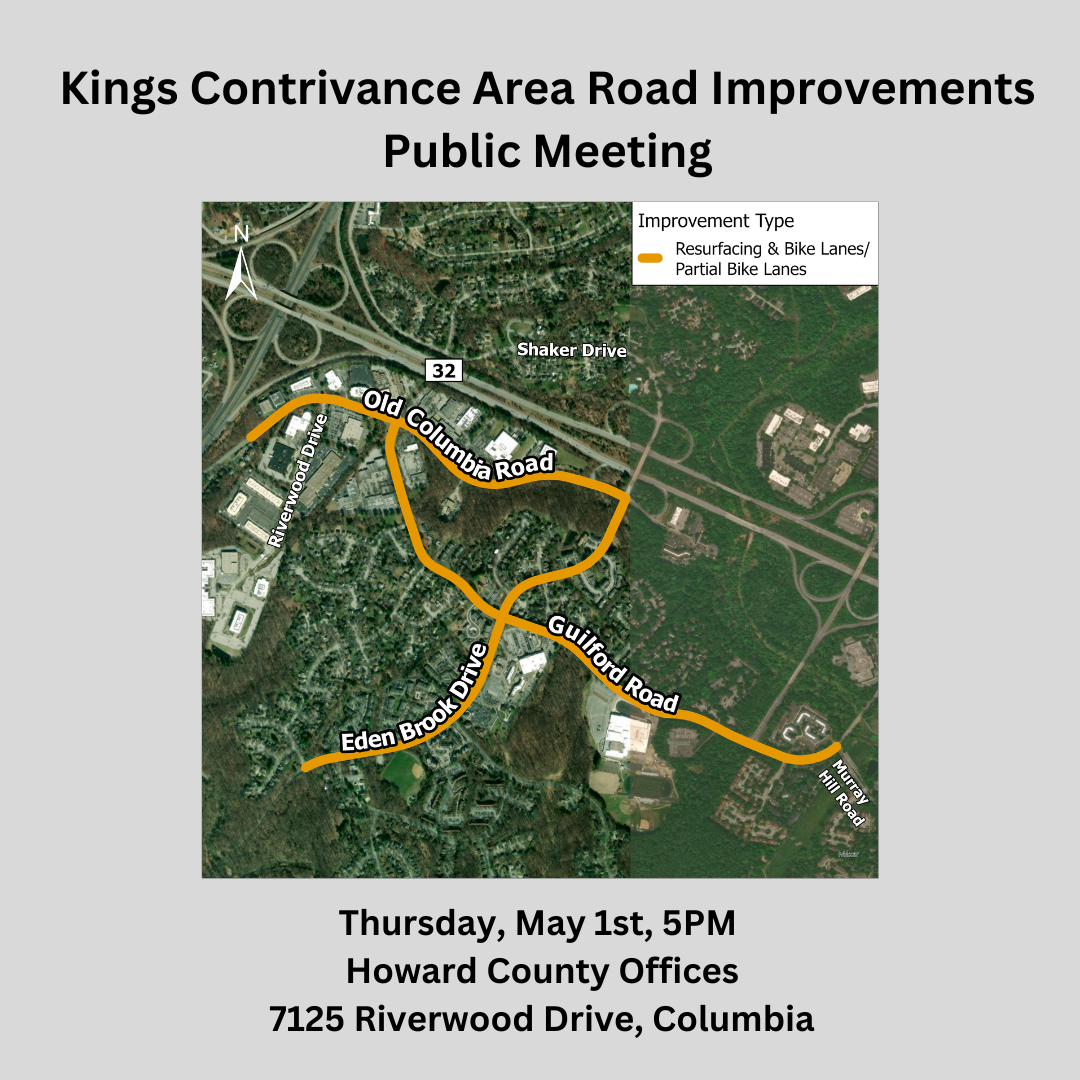 A flier for the Office of Transportation's Kings Contrivance Area Road Improvements Public Meeting, showing the project area.