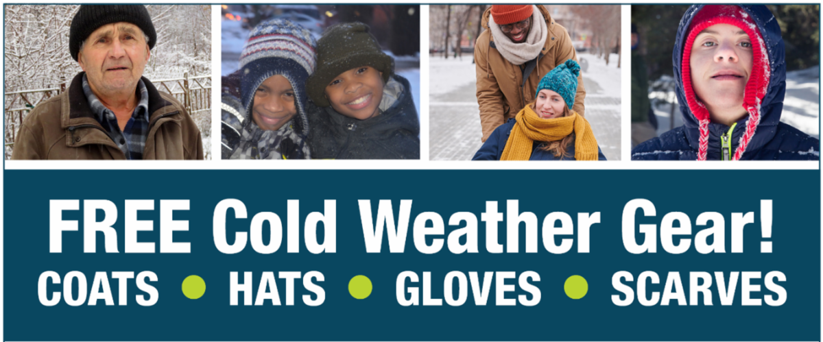 Graphic comprised of individuals dressed for the cold that reads free cold weather gear and lists coats hats gloves and scarves as being available at the Department of Community Resources and Services annual cold weather gear giveaway on October 18 2025.