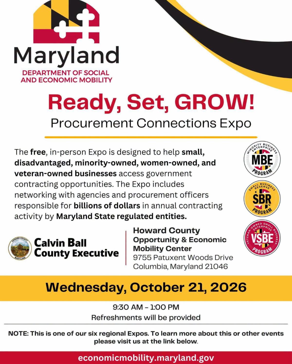 Flier promoting the Maryland Department of Social and Economic Mobilityâ€™s Ready, Set, GROW! Procurement Connections Expo on October 21, 2026 at the County's Opportunity & Economic Mobility Center.
