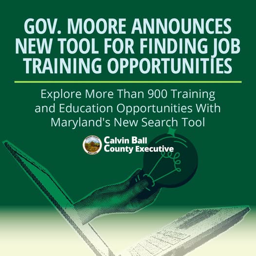 Graphic with illustration of laptop floating with a hand holding a lightbulb coming out of the monitor screen highlighting the more than 900 training and education opportunities with Maryland's new search tool.