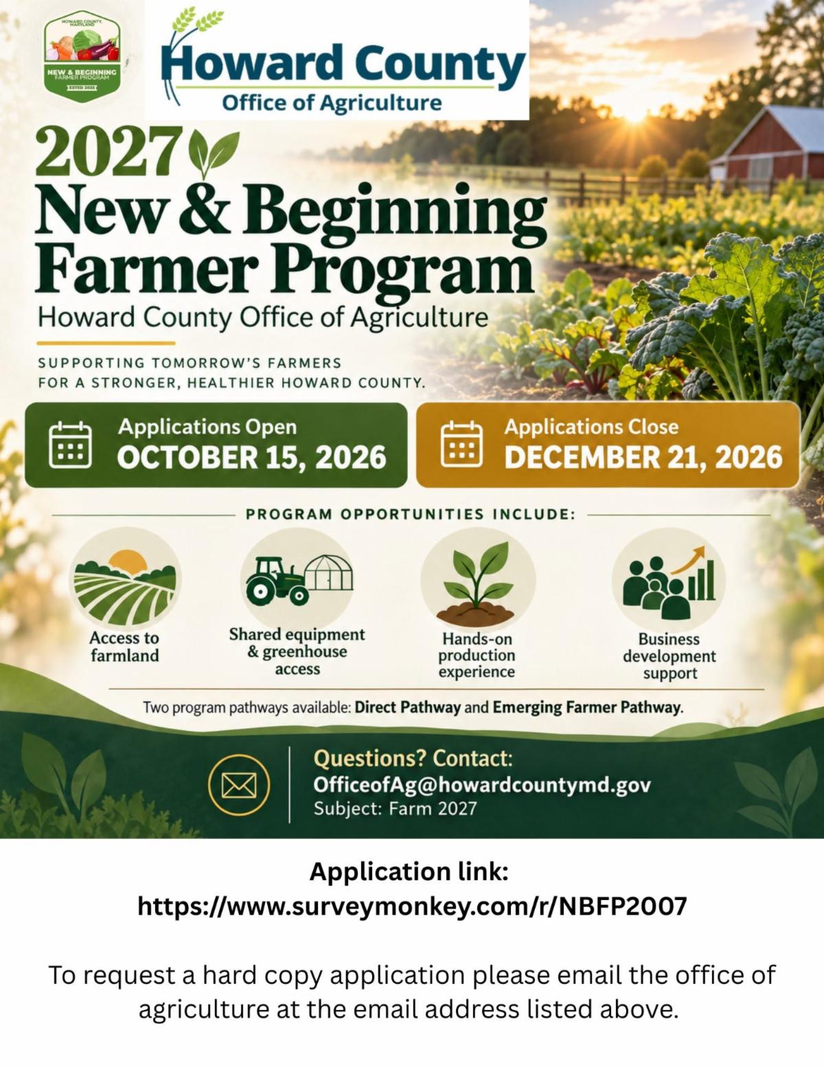 Flier promoting the Office of Agriculture's 2027 New & Beginning Farmer Program accepting applications from October 15, 2026 to December 21, 2026.