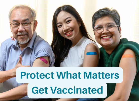 Three people posed for a photo with their left shirt sleeve rolled up showing a bandaid on their upper arm where their received a shot and text that reads Protect What Matters Get Vaccinated.
