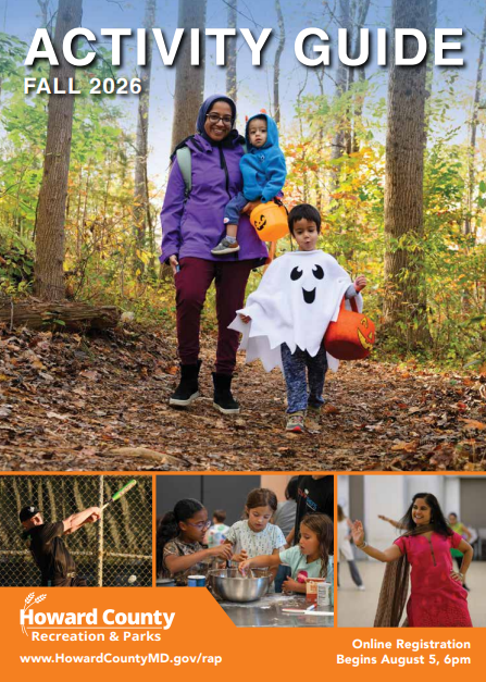 Front cover of the Department of Recreation and Parks' Fall 2026 Activity Guide with four photos of community members participating in various departmental events from sports to cooking and dance classes and a not-so-spooky walk through the woods.
