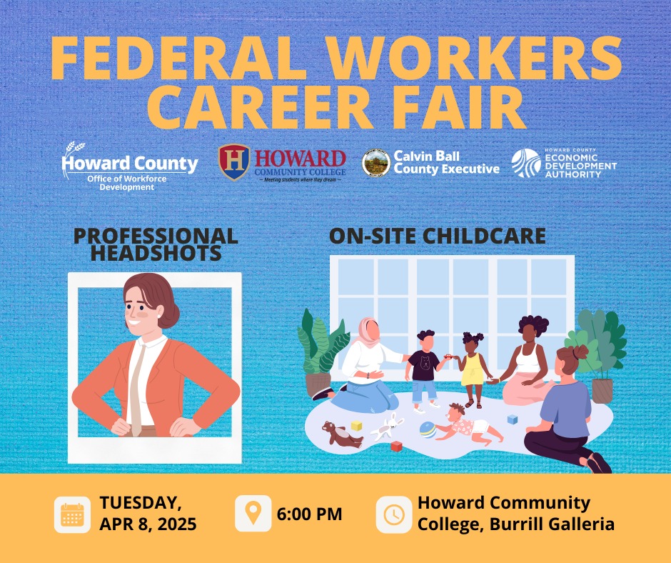 A graphic promoting County Executive Calvin Ball's Federal Workers Career Fair on April 8th featuring free professional headshots and on-site childcare.
