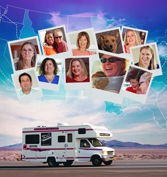 Graphic with image of an Winnebago motor home drive along an open road with polaroid pictures of various people scattered above overlaying an outline of the United States.