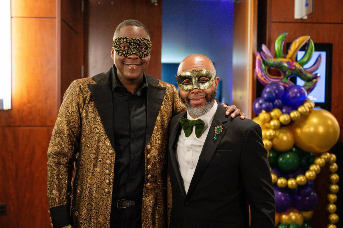 County Executive Calvin Ball posed with an event attendee at United Negro College Fund Inc. Baltimore Mayorâ€™s 2026 Masked Ball.