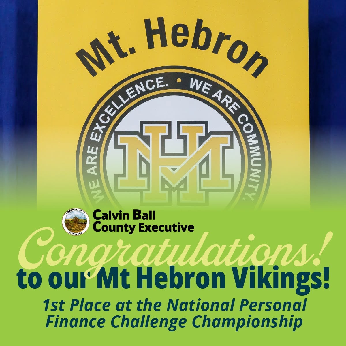 Graphic congratulating Mt. Hebron Vikings on winning first place at the National Personal Finance Challenge Championship.