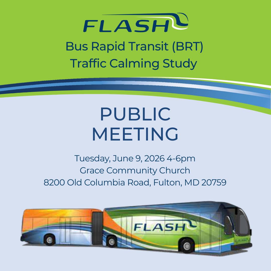 Flier advertising the Office of Transportation and Department of Public Works' Flash Bus Rapid Transit Traffic Calming Study public meeting on June 9 2026. Flier includes a picture of an extended Flash bus.