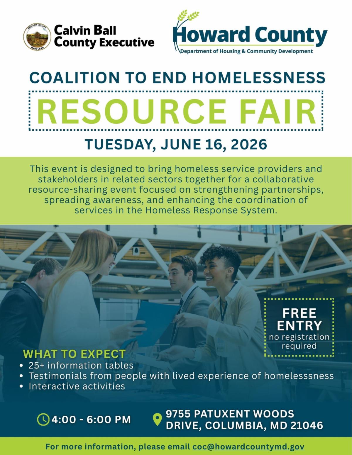 Flier promoting Howard County Department of Housing and Community Development's Coalition to End Homelessness Resource Fair on June 16 2026.