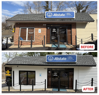 Two photos showing a before and after of the exterior of an Allstate Office after it's been renovated.