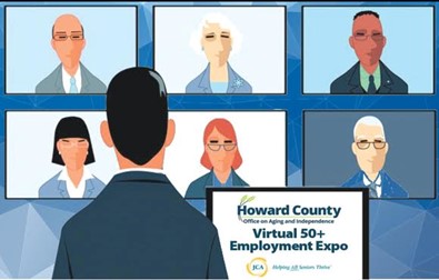 A graphic promoting the County's Office on Aging and Independence Virtual 50+ Employment Expo event on May 1, 2025.