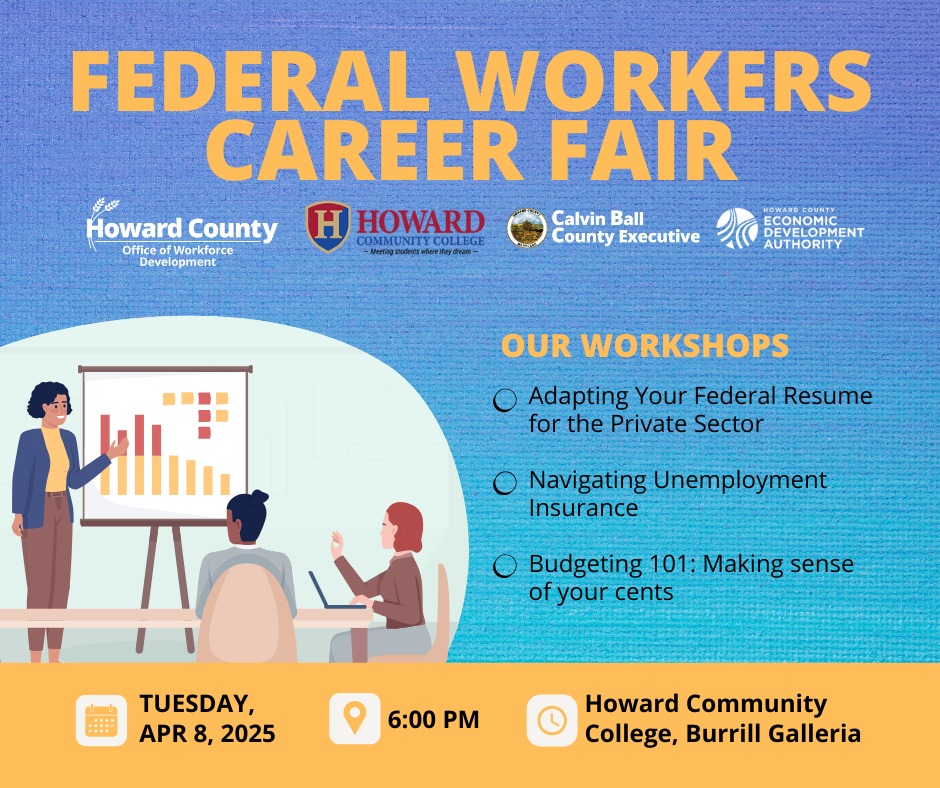 A graphic about the upcoming work sessions at the Federal Workers Career Fair on April 8th.