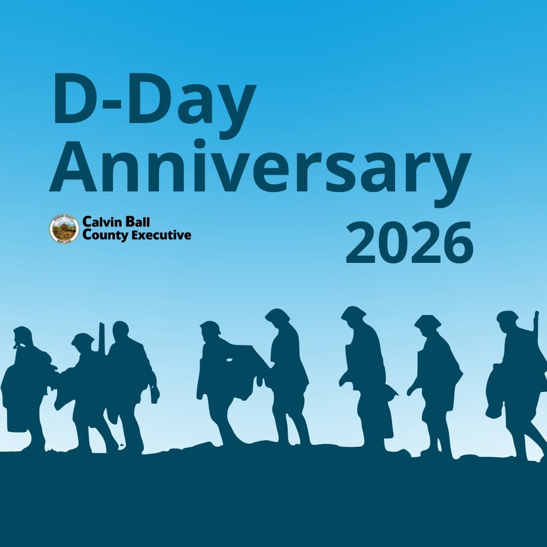 Graphic with various a backdrop of various shades of blue and the silhouette of soldiers walking and text that reads D-Day Anniversary 2026.