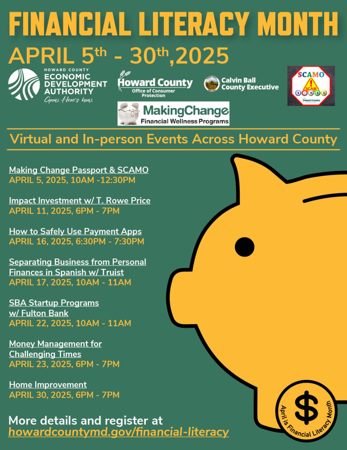 A graphic outlining activities scheduled to take place for Financial Literacy Month.