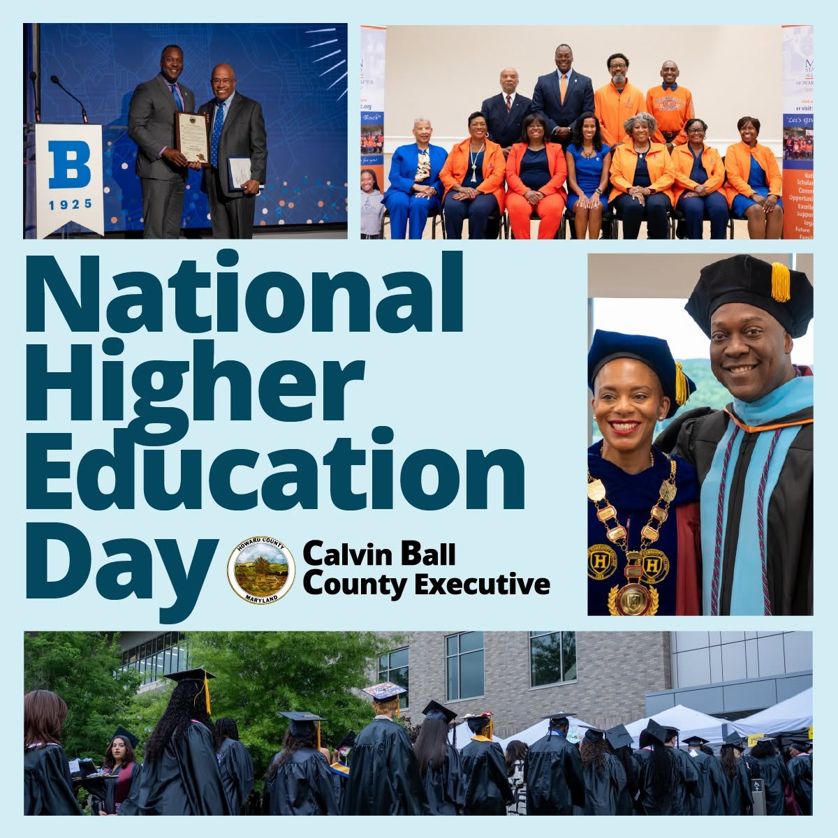 Graphic with four photos of County Executive Calvin Ball interacting with high education faculty members and students and text overlay that reads National Higher Education Day.