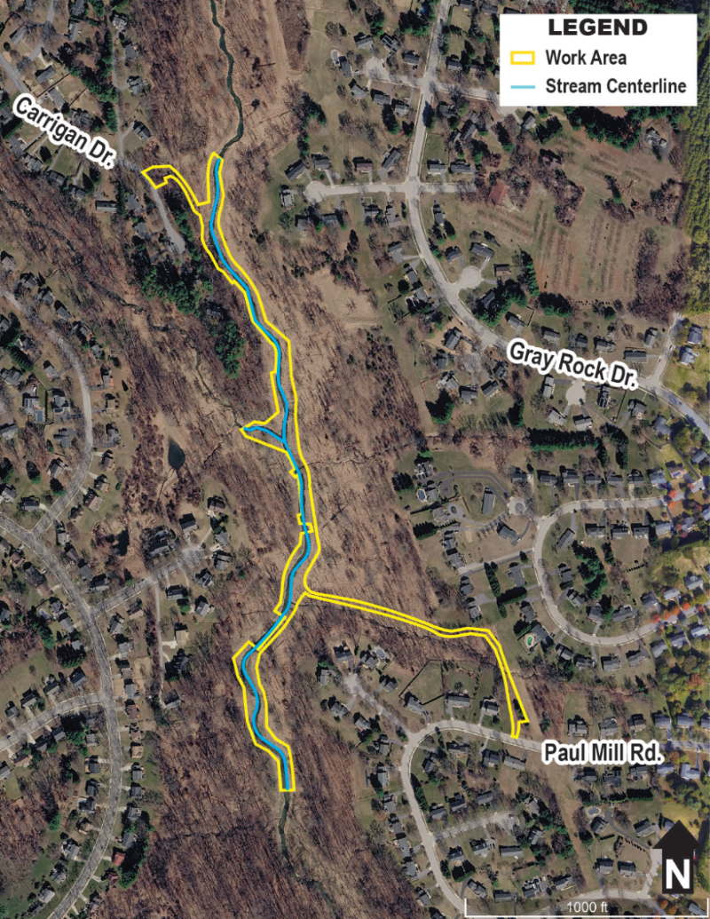 Map of Upper Little Patuxent Stream Restoration project area. Map includes a legend showing the work area along the stream beginning near Carrigan Drive and ending near Paul Mill Road.